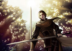  1boy armor cao_pi_(shin_sangoku_musou) cape chain commentary_request dappled_sunlight dual_wielding forest highres holding holding_sword holding_weapon kdash looking_to_the_side male_focus nature outdoors parted_lips ponytail shin_sangoku_musou solo sunlight sword upper_body weapon 