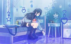  1girl analogous_colors apple apple_peel bass_guitar bed bed_frame bedroom black_choker black_hair black_ribbon black_shoes black_skirt blue_nails blue_theme cable choker collared_shirt commentary_request cool_colored cross-laced_shoes curtains cymbals desk_lamp drum drum_set earrings electric_guitar fender_jazz_bass fender_telecaster fingernails food fruit game_cg grey_eyes grey_jacket grey_shirt grey_shoes guitar half-closed_eyes heart highres holding holding_food holding_fruit hoshino_ichika_(project_sekai) indoors instrument jacket jewelry keyboard_(instrument) kneehighs kuwabara_(mola_8) lamp leaning_forward loafers long_hair looking_down mattress multiple_thigh_straps neck_ribbon nightstand no_seek_no_find_(project_sekai) official_alternate_costume official_art on_bed open_clothes open_jacket origami paper_airplane paper_crane parted_lips phenny_(project_sekai) photo_(object) platform_shoes profile project_sekai purple_theme ribbon ripples sad shadow shallow_water shirt shoes side_slit silk sitting skirt small_stellated_dodecahedron socks solo spider_web spider_web_print star_(symbol) striped_clothes striped_socks stuffed_animal stuffed_toy swept_bangs tape thigh_strap two-tone_legwear water water_drop wet wooden_floor 