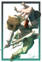  1boy absurdres bag bag_over_head brown_shoes faust_(guilty_gear) full_body green_pants guilty_gear head_back highres holding holding_scalpel lab_coat male_focus pants paper_bag scalpel shoes solo teppu_tora 