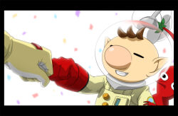  2boys anime_coloring big_nose black_border black_eyes border brown_hair buttons captain_falcon clenched_hand closed_eyes colored_skin confetti fist_bump gloves grey_gloves grin hand_on_another's_arm happy height_difference helmet male_focus multiple_boys naru_(wish_field) no_mouth olimar patch pikmin_(creature) pikmin_(series) pink_nose pointy_ears pointy_nose radio_antenna red_gloves red_pikmin red_skin short_hair simple_background smile solo_focus space_helmet spacesuit super_smash_bros. two-tone_gloves upper_body very_short_hair white_background yellow_gloves 