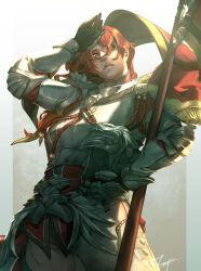  1girl absurdres armor breastplate brown_eyes cowboy_shot full_armor helmet highres hildegard_von_krone lance looking_to_the_side polearm red_hair shading_eyes solo soulcalibur teppu_tora unworn_headwear unworn_helmet weapon 