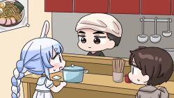  1girl 2boys animal_ear_fluff animal_ears black_hair blue_hair braid brown_eyes brown_hair chibi choker closed_mouth cooking_pot dress highres hololive indoors ladle mochimiko multicolored_hair multiple_boys pleated_dress puffy_short_sleeves puffy_sleeves rabbit_ears red_eyes short_eyebrows short_sleeves thick_eyebrows twin_braids twintails two-tone_hair usada_pekora usada_pekora_(casual) virtual_youtuber white_choker white_dress white_hair 
