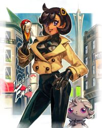 1girl absurdres black_bodysuit black_hair blue_sky bodysuit breasts brown_jacket closed_mouth dark-skinned_female dark_skin emma_(pokemon) espurr gloves hair_ornament highres holding holding_poke_ball jacket kornart latex latex_bodysuit looking_at_viewer lumiose_city mega_stone open_mouth orange_gloves outdoors poke_ball poke_ball_(basic) pokemon pokemon_(creature) pokemon_legends:_z-a prism_tower short_hair sky smile two-tone_gloves violet_eyes 