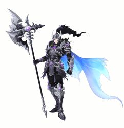  1boy armor armored_boots artist_request black_armor black_pants blue_cape blue_eyes boots breastplate cape clawed_gauntlets commentary_request english_commentary fake_horns frown full_body fur-trimmed_armor fur_trim gauntlets gem halberd halloween halloween_costume helmet highres holding holding_polearm holding_weapon horned_helmet horns king&#039;s_raid knight korean_commentary loman_(king&#039;s_raid) mixed-language_commentary official_alternate_costume official_art pants pauldrons plume polearm purple_gemstone second-party_source shoulder_armor solo spiked_armor spikes torn_cape torn_clothes weapon 