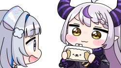  +_+ 2girls :3 :d ahoge amane_kanata amane_kanata_(nurse) black_dress blush_stickers braid braided_bangs brown_eyes closed_mouth demon_horns dress grey_hair grey_hat hat highres holding hololive horns la+_darknesss la+_darknesss_(1st_costume) long_hair long_sleeves mochimiko multicolored_hair multiple_girls nurse_cap pointy_ears profile simple_background smile streaked_hair violet_eyes virtual_youtuber white_background 