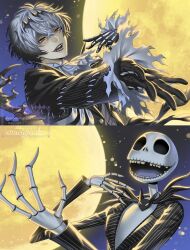  2boys aogiyuki black_crown crown diamond_hairband gloves highres jack_skellington jacket long_sleeves looking_at_viewer male_focus missing_tooth multiple_boys pinstripe_jacket pinstripe_pattern pinstripe_suit pinstripe_vest round_eyewear short_hair skeleton skeleton_print skully_j._graves smile striped_clothes striped_jacket striped_vest suit sunglasses the_nightmare_before_christmas twisted_wonderland vertical-striped_clothes vertical-striped_jacket vertical-striped_vest vest white_hair 