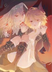  1boy 1girl amaniwa_haruka_(artist) animal_costume animal_ears black_boots black_coat black_hat blonde_hair boots carrying carrying_person claw_pose coat don_quixote_(project_moon) gold_trim halloween_costume hat highres knee_boots la_manchaland's_don_quixote_(project_moon) limbus_company long_hair long_sleeves looking_at_viewer nail_polish open_clothes open_coat open_mouth pants princess_carry project_moon red_background red_eyes red_nails sancho_(project_moon) shirt short_hair smile tail white_hair white_pants white_shirt witch witch_hat wolf_costume wolf_ears wolf_tail 