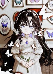 1girl :&gt; aged_down black_hair blue_butterfly bug butterfly dress flower framed_insect hairband hakyusiku highres holding holding_flower isolde_(reverse:1999) juliet_sleeves long_hair long_sleeves looking_at_viewer puffy_sleeves red_pupils reverse:1999 solo upper_body violet_eyes watermark white_butterfly white_dress white_flower white_hairband zoological_specimen 