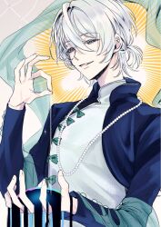  1boy alternate_costume alternate_hairstyle blue_jacket bow commentary gradient_background green_bow green_eyes grey_background grey_hair hair_between_eyes hair_intakes half-closed_eyes hollow_(zenless_zone_zero) jacket jewelry male_focus multicolored_jacket necklace ok_sign open_mouth pearl_necklace short_hair simple_background solo twitter_username two-tone_jacket ui0102405 upper_body white_background white_jacket wise_(zenless_zone_zero) yellow_aura zenless_zone_zero 