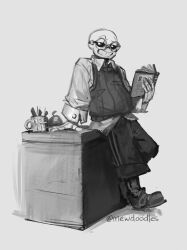  1boy 2025 2d alternate_costume arm_support artist_name bespectacled book collared_shirt commentary desk digital_media english_commentary glasses greyscale holding holding_book humanoid inktober male male_focus male_only mewpet monochrome monster monster_boy mug pants sans_(undertale) shirt simple_background skeleton solo sweater sweater_vest tape teeth undead undertale utdr_(toby_fox) vest white_background 