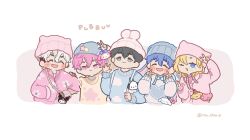 5boys :3 arm_up bamby_(plave) beanie black_hair blonde_hair blue_eyes blue_hair blue_hat blue_sweater blush_stickers cloud_print commentary crew_neck cropped_torso double_v eunho_(plave) fanny_pack grey_eyes hair_between_eyes hamin_(plave) hand_on_another's_shoulder hat heart highres kuromi male_focus mu_chiu_p multicolored_hair multiple_boys my_melody noah_(plave) one_eye_closed onegai_my_melody pink_eyes pink_hair pink_hat pink_sweater plave pochacco pompompurin sanrio sleeves_past_wrists star_(symbol) sweater three-finger_salute twitter_username two-tone_hair v white_background white_hair yejun_(plave) 