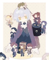  &gt;_&lt; 5boys 5girls angela_(project_moon) arm_up ascot binah_(project_moon) blue_coat blue_hair brown_coat brown_eyes brown_hair chesed_(project_moon) chibi clenched_hand closed_mouth coat collared_shirt cup folded_ponytail frilled_sleeves frills gebura_(project_moon) green_hair high_ponytail hod_(project_moon) hokma_(project_moon) lapels library_of_ruina long_hair long_sleeves low_ponytail malkuth_(project_moon) mini_person mini_person_on_head miniboy minigirl mug multiple_boys multiple_girls netzach_(project_moon) notched_lapels parted_bangs ponytail project_moon roland_(project_moon) shirt short_hair sidelocks smile tiphereth_a_(project_moon) v very_long_hair vest white_ascot white_shirt yellow_eyes yesheng_zong_ren yesod_(project_moon) 