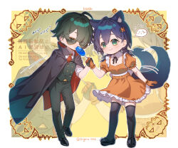  1boy 1girl absurdres afterimage ahoge alternate_costume animal_ear_fluff animal_ears artist_name belle_(zenless_zone_zero) bilingual_text black_cape black_shoes black_thighhighs blue_hair blue_tail candy cape commentary detached_collar dress edogawa_kigoro english_text food frilled_dress frilled_gloves frills full_body gloves green_eyes green_gloves green_hair green_pants green_suit hair_between_eyes hair_ornament halloween hetero highres holding holding_candy holding_food holding_hands holding_lollipop jack-o&#039;-lantern letter_hair_ornament lighter_(zenless_zone_zero) lollipop lollipop_in_mouth mixed-language_text motion_lines orange_dress orange_gloves pants pumpkin shirt shoes short_hair sleeves_rolled_up sound_effects speech_bubble spoken_expression suit sunglasses symbol-only_commentary tail tail_wagging thigh-highs twitter_username white_shirt yellow_background zenless_zone_zero 
