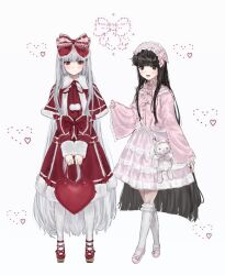  2girls absurdly_long_hair alternate_costume animal_bag arm_at_side ascii_art bag black_eyes black_hair blouse blunt_bangs blunt_ends blush bow buttons capelet chin_strap closed_mouth commentary crossbody_bag crossed_legs floppy_ears frilled_shirt frilled_shirt_collar frilled_sleeves frilled_socks frills fujiwara_no_mokou full_body fur-trimmed_capelet fur-trimmed_jacket fur-trimmed_skirt fur-trimmed_sleeves fur_sleeve_cuffs fur_trim hair_bow hairband handbag heart heart-shaped_bag heart_background highres holding holding_bag houraisan_kaguya jacket kneehighs lace-trimmed_bow lace_trim large_bow layered_skirt lolita_fashion lolita_hairband long_hair long_sleeves looking_at_viewer medium_skirt multiple_girls neck_ribbon pantyhose pinching_sleeves pink_bow pink_hairband pink_shirt pink_shoes pink_skirt pom_pom_(cheerleading) rabbit_bag raised_eyebrows red_bag red_bow red_capelet red_eyes red_jacket red_ribbon red_shoes red_skirt ribbon ribbon-trimmed_socks ribbon_trim shirt shirt_bow shoes shoulder_bag shoulder_strap simple_background skirt skirt_set sleeve_bow socks standing touhou trmkthanks two-handed very_long_hair watson_cross white_background white_bag white_hair white_pantyhose white_ribbon white_socks wide_sleeves 