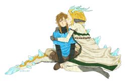  1boy 1girl alternate_form blonde_hair bracelet braid champion's_tunic_(zelda) crown_braid dragon_girl dragon_horns dragon_tail dress highres horns hug jewelry light_dragon_(zelda) link oshio_0809 pointy_ears princess_zelda scales short_hair short_hair_with_long_locks simple_background sitting spines tail the_legend_of_zelda the_legend_of_zelda:_tears_of_the_kingdom very_long_tail 