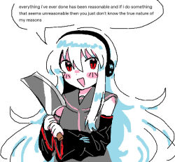  1girl adricheri blush_stickers cleaver detached_sleeves english_text headset holding holding_cleaver oekaki red_eyes smile sukone_tei utau white_hair 