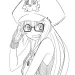  1girl bespectacled fingerless_gloves flat_chest glasses gloves grin guilty_gear guilty_gear_xrd hat long_hair may_(guilty_gear) monochrome pirate_hat ponkotsu-man semi-rimless_glasses sketch skull_and_crossbones smile solo under-rim_glasses 