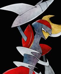  1other arm_blade arm_out_of_frame arm_up bisharp black_background cowboy_shot expressionless facing_to_the_side grey_helmet grey_trim helmet high_contrast highres looking_down mohawk out_of_frame pokemon pokemon_(creature) pokemon_focus red_helmet red_trim shoulder_pads solo two-tone_helmet umi-be-to weapon 