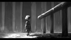  1other 2025 2d ambiguous_gender ankle_boots artist_name boots bridge child commentary digital_media double_horizontal_stripe english_commentary forest frisk_(undertale) greyscale holding holding_stick horizontal-striped_clothes human in-universe_location inktober mewpet monochrome other_focus outdoors scenery short_hair shorts solo standing striped_clothes striped_sweater sweater two-tone_sweater undertale utdr_(toby_fox) 