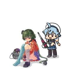  2girls ;3 acea4 asymmetrical_legwear bandages black_pantyhose blue_hair blue_neckerchief blue_sailor_collar blue_skirt blue_thighhighs brown_eyes brown_gloves bucket ferret-san fingerless_gloves gloves green_hair hat jacket kantai_collection low_ponytail mismatched_legwear multiple_girls neckerchief noumi_(halloween)_(kancolle) noumi_(kancolle) official_alternate_costume official_art one_eye_closed orange_jacket orange_skirt pantyhose ponytail purple_shirt sad sado_(kancolle) sailor_collar sailor_hat school_uniform screw_hair_ornament screwdriver serafuku shirt shoes single_shoe single_thighhigh sitting skirt sleeveless sleeveless_shirt smile thigh-highs third-party_source torn_clothes undershirt white_gloves white_hat 