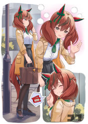  1girl :d ^_^ absurdres animal_ears bag black_pantyhose black_shoes black_skirt brown_bag brown_eyes brown_hair closed_eyes coat commentary ear_covers english_commentary facing_viewer green_neckerchief grin highres holding holding_bag horse_ears horse_girl horse_tail jtleeklm long_hair long_sleeves looking_at_viewer multicolored_hair multiple_views neckerchief nice_nature_(umamusume) open_mouth pantyhose pocket shirt shoes skirt smile spoken_object streaked_hair tail ticket two_side_up umamusume utility_pole waving white_shirt yellow_coat 