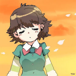  1girl archived_source blush bow bowtie breasts brown_hair buttons closed_eyes closed_mouth clouds color_contrast commentary green_sleeves jaggy_lines korean_commentary layered_sleeves long_sleeves lowres medium_breasts orange_background orange_sky red_bow red_bowtie shichinin_no_nana shirt_under_shirt short_hair short_over_long_sleeves short_sleeves sky solo striped_sleeves suzuki_nana tiv upper_body white_petals white_sleeves wing_collar 