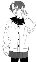  1girl :d aa_kabeuchi arm_at_side blush cardigan commentary cowboy_shot ear_piercing furrowed_brow futsuu_no_keion-bu glasses greyscale hand_on_own_ear hand_up highres long_sleeves monochrome nikaidou_mawari pantyhose parted_bangs piercing pleated_skirt round_eyewear sailor_collar school_uniform short_hair simple_background skirt smile solo white_background 