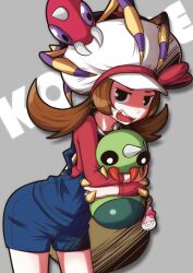  1girl ariados bag blue_overalls brown_hair bug character_name commentary_request evolutionary_line fang grey_background guriko_(mossari) hat holding holding_pokemon horns lyra_(pokemon) mandibles on_head open_mouth overall_shorts overalls pokegear pokemon pokemon_(creature) pokemon_hgss pokemon_on_head red_shirt shirt simple_background single_horn spinarak twintails white_hat 