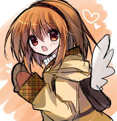  1girl brown_hair brown_mittens coat food hairband highres kanon mameguri mittens red_eyes short_hair solo taiyaki tsukimiya_ayu wagashi winged_bag wings yellow_coat 