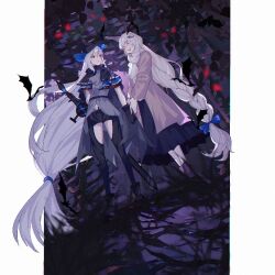  :o alternate_costume ampheta aqua_hat arknights ascot bat_(animal) bat_wings black_gloves boots braid cape capelet closed_eyes clothing_cutout coat dress dutch_angle full_body gloves grey_ascot grey_coat grey_hair grey_shirt hair_between_eyes hair_ornament hat holding holding_sword holding_weapon leaf long_hair long_sleeves low-tied_long_hair night pillarboxed red_eyes scarf scenery shark_hair_ornament shirt skadi_(arknights) smile specter_(arknights) standing sword thigh_cutout tree very_long_hair weapon wings 