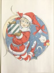  1girl animal bell belt belt_buckle black_belt blonde_hair blue_eyes boots bow bowtie brown_gloves buckle cat christmas clothed_animal coat commentary fur-trimmed_boots fur-trimmed_coat fur-trimmed_headwear fur_trim gift gloves hair_bow hat highres holding holding_gift holly legs_up long_hair looking_at_viewer neck_bell open_mouth original peter_salt red_boots red_bow red_bowtie red_coat red_hat red_thighhighs round_image santa_costume santa_hat side_ponytail smile solo striped_clothes striped_thighhighs thigh-highs traditional_media very_long_hair white_cat zipper 