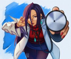  1girl absurdres black_hair blue_skirt calvin_sims commentary earrings english_commentary eyes_visible_through_hair glasses highres holding holding_stethoscope jewelry lab_coat lipstick long_hair makeup minazuki_kyoko nail_polish pantyhose reaching reaching_towards_viewer red_sweater ribbed_sweater rival_schools skirt solo stethoscope sweater turtleneck turtleneck_sweater violet_eyes watermark 