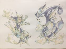  2girls blonde_hair blue_eyes blue_gemstone blue_lips blue_nails braid clouds commentary curled_horns demon_girl disembodied_hand disembodied_head gem giant giantess hair_between_eyes hat highres horns in_palm jester jester_cap lipstick long_hair looking_at_another makeup multiple_girls nail_polish neck_ruff open_mouth original peter_salt pointy_ears pointy_nose pointy_shoes pom_pom_(clothes) puffy_pants puffy_sleeves sitting size_difference traditional_media twin_braids twintails usekh_collar venus_symbol venus_symbol_earrings 