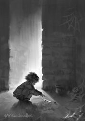  1other 2025 2d ambiguous_gender ankle_boots artist_name boots child coin commentary digital_media double_horizontal_stripe english_commentary frisk_(undertale) full_body greyscale horizontal-striped_clothes human in-universe_location inktober knees_up mewpet monochrome other_focus short_hair shorts solo spider spider_web squatting striped_clothes striped_sweater sweater two-tone_sweater undertale utdr_(toby_fox) 