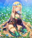  1girl bare_shoulders blonde_hair blue_eyes breasts flower flower_on_head grass head_wreath large_breasts long_hair looking_at_viewer mckeee pointy_ears shingeki_no_bahamut short_hair sitting solo thighhighs watermark wreath 