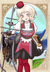  1girl art_nouveau black_skirt blonde_hair collared_shirt dress_shirt feet_out_of_frame gloves grey_eyes hat highres kantai_collection machinery mast norge_(kancolle) norwegian_flag pantyhose red_hat red_pantyhose rigging scepter shirt short_hair skirt solo tsun&#039;ichi_(tsun1) white_gloves white_shirt 