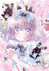  1girl alice&#039;s_adventures_in_wonderland animal_ears artist_name black_bow black_bowtie blue_bow blue_eyes blue_shirt blush book bow bowtie brown_hair buttons card cat cheshire_cat_(alice_in_wonderland) collared_shirt commentary_request cookie cup flower food frilled_bow frilled_shirt frilled_sleeves frills hair_bow holding holding_cup looking_at_viewer original painting_(medium) petals pink_flower pink_petals pink_rose playing_card pocket_watch portrait rabbit_ears rose ryo_twinheart shirt short_hair short_sleeves signature smile star_(symbol) stuffed_animal stuffed_rabbit stuffed_toy tea teacup teapot traditional_media watch watercolor_(medium) watermark 