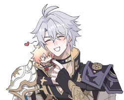  1boy antenna_hair armor black_choker black_gloves black_shirt blush character_doll choker closed_eyes coat commentary_request doll fingerless_gloves gloves honkai:_star_rail honkai_(series) korean_commentary male_focus mydei_(honkai:_star_rail) neck_tattoo parted_bangs pauldrons phainon_(honkai:_star_rail) shirt short_hair shoulder_armor single_pauldron solo sugarsalt_o sun_symbol sun_tattoo tattoo white_coat white_hair 