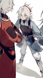  2boys age_difference age_progression aged_down armor blade_(honkai:_star_rail) chinese_clothes crossed_arms grey_hair hair_between_eyes hair_ornament hair_over_one_eye hair_ribbon hand_on_own_hip high_ponytail highres holding honkai:_star_rail honkai_(series) jing_yuan long_hair long_sleeves looking_at_another low_ponytail male_focus mississipping multiple_boys multiple_views ponytail red_ribbon ribbon simple_background tassel white_hair yellow_eyes 