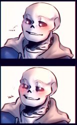  ... 1boy 2021 2d blue_jacket blush digital_media grey_hood hands_in_pockets hollow_eyes hood hood_down hooded_jacket humanoid jacket looking_at_viewer looking_away male male_focus male_only mmhinman monster monster_boy open_clothes open_jacket sans_(undertale) sequential shirt simple_background skeleton smile smirk solo teeth undead undertale utdr_(toby_fox) white_background white_shirt 