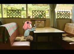  1girl anya_(spy_x_family) brown_shoes child clothing_cutout endou_tatsuya fork full_body hairpods highres holding holding_fork holding_spoon letterboxed photo_background pink_hair plaid_clothes plaid_skirt restaurant shoes shoulder_cutout sitting skirt solo spoon spy_x_family table 