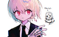  1boy blonde_hair chain closed_mouth earrings hand_chains highres hunter_x_hunter jewelry kurapika male_focus necktie nen_(hunter_x_hunter) red_eyes short_hair solo suit sushiuma_m upper_body 