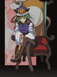  1girl absurdres black_shoes black_skirt breasts brown_pantyhose closed_mouth commentary crossed_legs epaulettes expressionless fingernails frilled_hat frills full_body green_hair grey_eyes hat highres holding long_sleeves looking_afar medium_breasts pantyhose pencil_skirt purple_hat purple_vest red_nails rod_of_remorse shiki_eiki shirt shoes short_hair sitting skirt sokura_(mochichitose) solo throne touhou vest white_shirt zoom_layer 