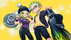  1boy 1girl beanie black_hat black_leggings black_shorts blazer blue_jacket closed_mouth clothes_writing collared_shirt commission cowboy_shot fingernails green_eyes green_hair hair_flip hand_on_own_hip hat highres holding holding_weapon inkling inkling_boy inkling_player_character jacket jinkoika leggings looking_at_viewer medium_hair nautilus_(splatoon) necktie octoling octoling_girl octoling_player_character open_clothes open_jacket parted_bangs parted_lips pointy_ears pom_pom_(clothes) pom_pom_beanie purple_shirt range_blaster_(splatoon) second-party_source sharp_fingernails shirt short_hair shorts smile spiky_hair splatoon_(series) suction_cups sweater_vest tentacle_hair thick_eyebrows weapon white_shirt wristband yellow_background yellow_eyes yellow_necktie yellow_sweater_vest 