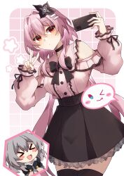  absurdres alternate_costume black_choker black_hair black_thighhighs breasts cellphone choker cowboy_shot evernight_(honkai:_star_rail) flower hair_flower hair_intakes hair_ornament hairclip highres holding holding_phone honkai:_star_rail honkai_(series) jirai_kei kwkunai long_hair march_7th_(honkai:_star_rail) medium_breasts official_alternate_color official_alternate_hair_length official_alternate_hairstyle parallel_hairclips phone pink_hair red_eyes selfie smartphone stelle_(honkai:_star_rail) thigh-highs trailblazer_(honkai:_star_rail) v zettai_ryouiki 