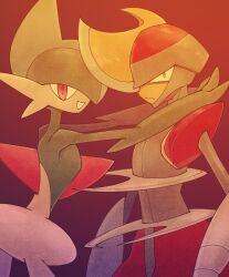  1boy 1other annoyed arm_blade arms_at_sides bisharp colored_skin facing_another gallade gradient_background green_hair grey_helmet grey_trim hands_on_another&#039;s_shoulders helmet highres leaning_forward looking_to_the_side mohawk multicolored_skin open_mouth outstretched_arms pokemon pokemon_(creature) pokemon_focus red_background red_eyes red_helmet red_trim shoulder_pads two-tone_helmet two-tone_skin umi-be-to upper_body weapon wide_hips 