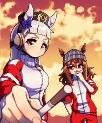  2girls animal_ears beanie blunt_bangs blush bow breasts brown_hair cigarette closed_mouth ear_bow ears_through_headwear gold_ship_(umamusume) grey_hair grey_hat hair_between_eyes hand_in_pocket hat highres holding holding_cigarette horse_ears horse_girl jacket kitnoko long_hair long_sleeves looking_at_viewer meme multiple_girls nakayama_festa_(umamusume) orange_sky pants photo-referenced pillbox_hat purple_bow red_jacket red_pants red_track_suit sky sleeves_rolled_up smoking tracen_training_uniform track_jacket track_pants track_suit umamusume violet_eyes 