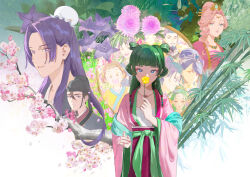  aoqun beads chinese_clothes duijin_ruqun green_hair green_hanfu green_robe hair_beads hair_ornament hanfu herb highres jinshi_(kusuriya_no_hitorigoto) kisherart kusuriya_no_hitorigoto maomao_(kusuriya_no_hitorigoto) multi-tied_hair multiple_boys multiple_girls pink_hanfu robe zhijupao 