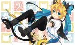  1boy animal_ears black_legwear blonde_hair blush bow cat_ears cat_tail hair_bow kagamine_len paw_print short_hair solo tail tamura_hiro thighhighs trap vocaloid 