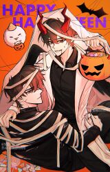  2boys :d bandages bat_(animal) biyoo_(omniscient_reader's_viewpoint) black_hair black_shirt black_wings blood blood_from_mouth bucket candy cloak coat collared_shirt demon_horns english_text entangled expressionless feathered_wings feet_out_of_frame food ghost_costume hair_between_eyes halloween_bucket hand_on_another's_hip hand_on_another's_shoulder happy_halloween high_collar highres holding holding_bucket hood hood_up hooded_cloak horns kim_dokja looking_at_viewer male_focus multiple_boys mummy_costume muzililsp official_alternate_costume omniscient_reader's_viewpoint red_eyes scar scar_on_face shirt short_hair sitting sitting_on_person smile string white_cloak white_coat wings yoo_joonghyuk 